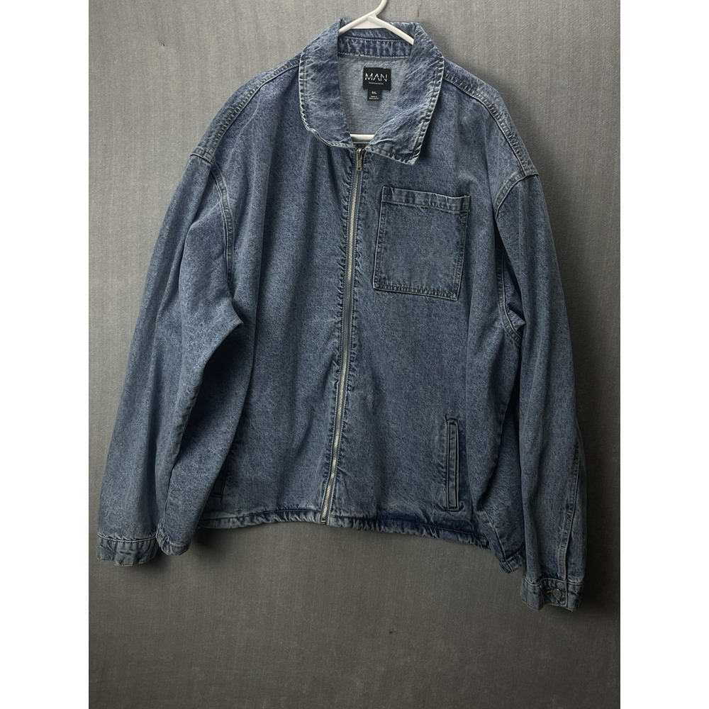 BoohooMAN Men's 5XL Blue Acid Wash Denim Zip Up Jacket Oversized Chest Pocket